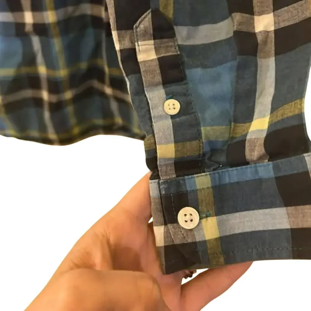 Cat & Jack Boys Blue Green Plaid Button Down S 6/7 FLAW
